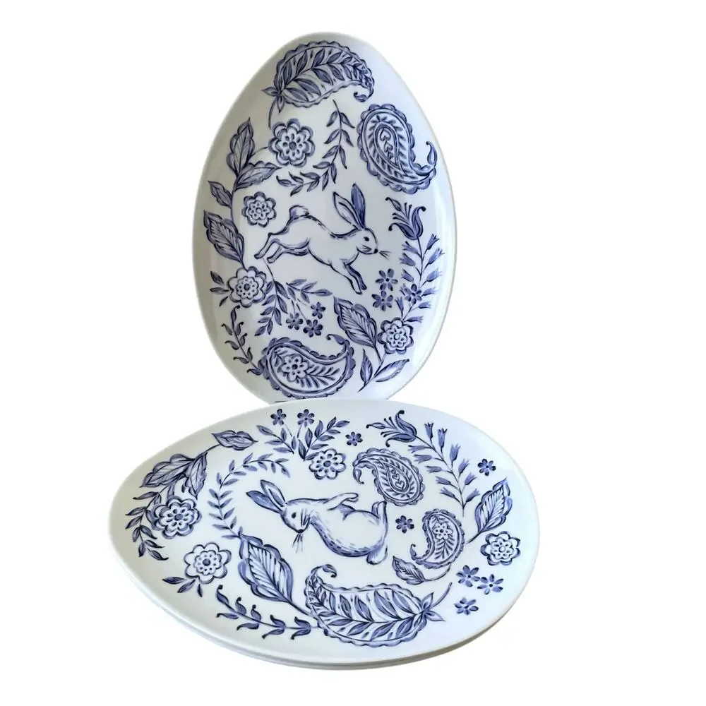 4pc Lillian August Egg Shaped Easter Bunny Melamine Plates 8x6 Blue White New